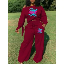 Casual Solid Color Print Tie a Knot Long Sleeve Top And Wide Leg Pants Set SHD-9331
