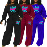 Casual Solid Color Print Tie a Knot Long Sleeve Top And Wide Leg Pants Set SHD-9331