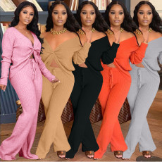 Solid Rib Long Sleeve Two Piece Pants Set TK-6127