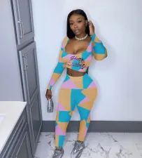 Casual Sports Pattern Print Long Sleeve Top And Leggings Pants Two Piece Set SHD-9445