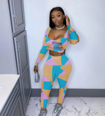 Casual Sports Pattern Print Long Sleeve Top And Leggings Pants Two Piece Set SHD-9445