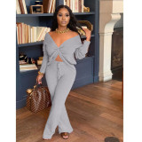 Solid Rib Long Sleeve Two Piece Pants Set TK-6127