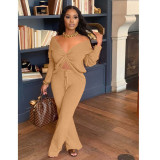 Solid Rib Long Sleeve Two Piece Pants Set TK-6127