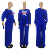 Casual Solid Color Print Tie a Knot Long Sleeve Top And Wide Leg Pants Set SHD-9331