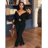 Solid Rib Long Sleeve Two Piece Pants Set TK-6127