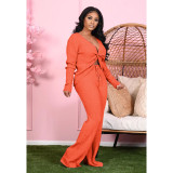 Solid Rib Long Sleeve Two Piece Pants Set TK-6127