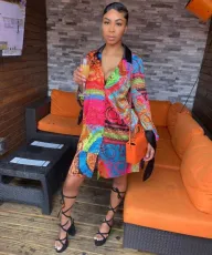 Retro Print Long Sleeve Casual Shirt Dress QZX-6170