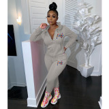 Pink Letter Embroidery Zipper Hoodies 2 Piece Pants Set LUO-3115