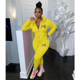 Pink Letter Embroidery Zipper Hoodies 2 Piece Pants Set LUO-3115