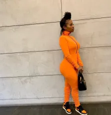 Solid Rib Zipper Long Sleeve Stacked Jumpsuits WSM-5200