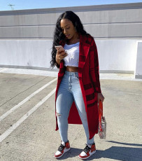 Plaid Print Lapel Full Sleeve Long Coat NM-8326
