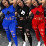 Plus Size Poker Print Tassel Hooded T Shirt Hole Pants Set BDF-8013