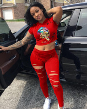 Plus Size Lips Print Hooded T Shirt Hole Pants Suit BDF-8012