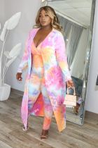 Plus Size Tie Dye Strap Jumpsuits+Long Coat 2 Piece Sets BDF-8026