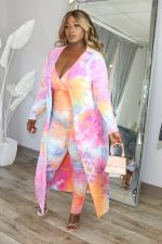 Plus Size Tie Dye Strap Jumpsuits+Long Coat 2 Piece Sets BDF-8026