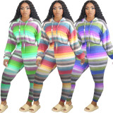 Casual Striped Hooded Two Piece Pants Set HM-6351