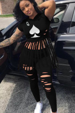 Plus Size Poker Print Tassel Hooded T Shirt Hole Pants Set BDF-8013