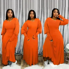 Plus Size 4XL Solid Long Sleeve O Neck Maxi Dress BDF-8002