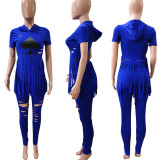 Plus Size Poker Print Tassel Hooded T Shirt Hole Pants Set BDF-8013