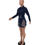 Casual Ripped Hole Long Sleeve Denim Dress MEM-8145