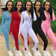 Casual Solid Long Sleeve Zipper Split Jumpsuits AL-215