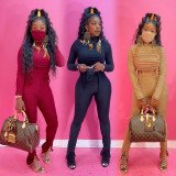 Solid Drawstring Long Sleeve Split Stacked Pants Set Without Mask SMD-2049
