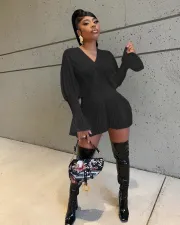 Plus Size Sexy V Neck Long Sleeve Pleated Mini Dress CL-6086