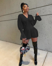 Plus Size Sexy V Neck Long Sleeve Pleated Mini Dress CL-6086