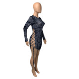 Sexy Printed Lace Up Hollow Long Sleeve Mini Dress CHY-1261