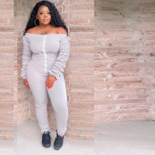 Solid Slash Neck Ruched Sleeve Jumpsuits TR-1077