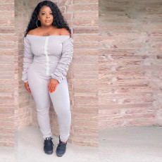 Solid Slash Neck Ruched Sleeve Jumpsuits TR-1077