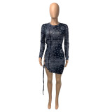 Sexy Printed Lace Up Hollow Long Sleeve Mini Dress CHY-1261