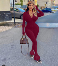 Solid Ribbed Embroidery Zipper Tight Jumpsuits QY-5216