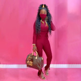 Solid Drawstring Long Sleeve Split Stacked Pants Set Without Mask SMD-2049