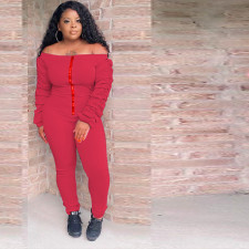 Solid Slash Neck Ruched Sleeve Jumpsuits TR-1077
