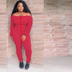 Solid Slash Neck Ruched Sleeve Jumpsuits TR-1077