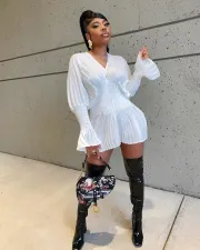 Plus Size Sexy V Neck Long Sleeve Pleated Mini Dress CL-6086