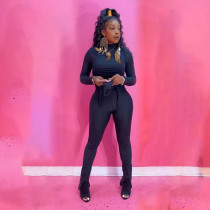 Solid Drawstring Long Sleeve Split Stacked Pants Set Without Mask SMD-2049