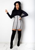 Elegant Ribbed Patchwork Long Sleeve Mini Dress CHY-1260