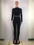 Solid Drawstring Long Sleeve Split Stacked Pants Set Without Mask SMD-2049