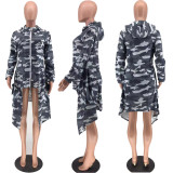 Camo Print Zipper Hooded Irregular Hem Coat XMY-9220
