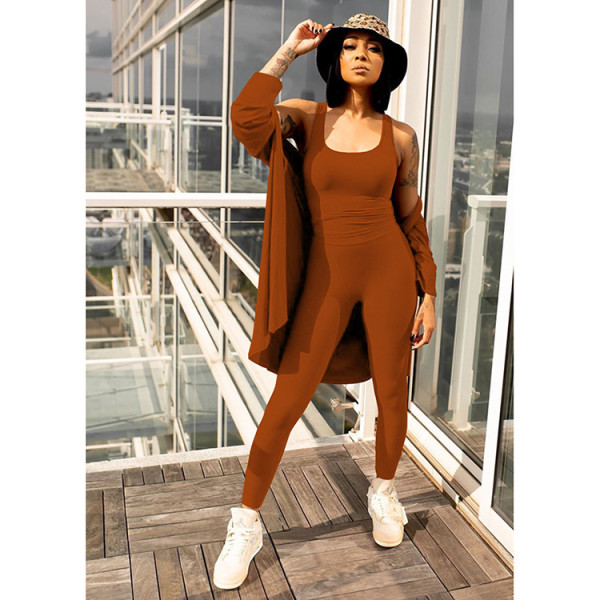 Solid Tank Top+Long Cloak+Pants 3 Piece Sets GLF-8050