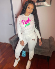 Pink Letter Print Round Neck Long Sleeve Casual Sportswear Suit XMF-012