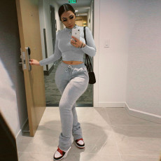 Plus Size Solid Plush Sweatshirt Stacked Pants 2 Piece Set DAI-8286