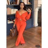 Solid V Neck Long Sleeve Two Piece Pants Set CHY-1265