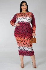 Plus Size 5XL Leopard Print Full Sleeve Midi Dress OSM-3307