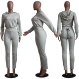 Solid Hoodies Lace Up Sweatpants Two Piece Sets YS-8711