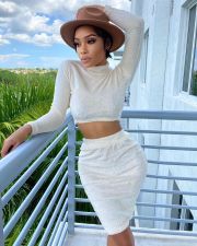 Solid Plush Long Sleeve Crop Top Mini Skirt 2 Piece Sets TR-1081