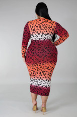 Plus Size 5XL Leopard Print Full Sleeve Midi Dress OSM-3307