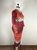Plus Size 5XL Leopard Print Full Sleeve Midi Dress OSM-3307